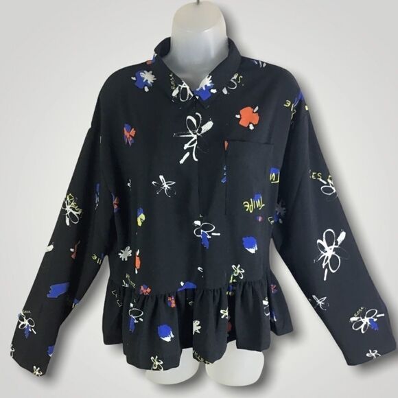 Collusion Black Graffiti Peplum Zip Popover Top - Picture 1 of 10